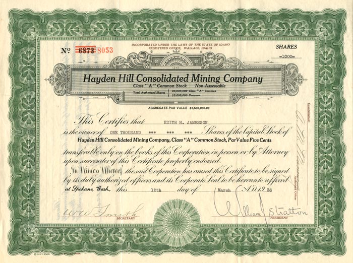 Hayden Hill Consolidated Mining Co. - Stock Certificate